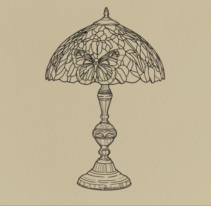 a drawing of a table lamp with a butterfly on the top and an ornate glass shade