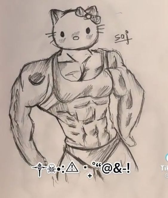 a drawing of a hello kitty posing for the camera with his muscles drawn on paper