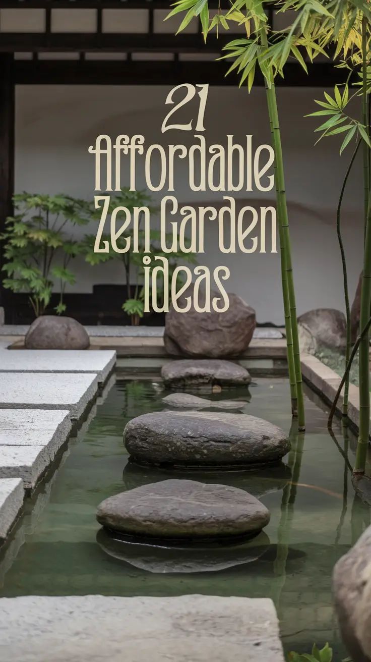 an image of a garden with rocks and bamboo trees in the background text reads, 21 afrobable zen garden ideas