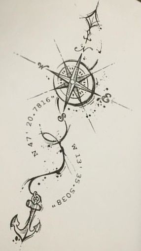 a drawing of an anchor and compass with stars on the side, in black ink