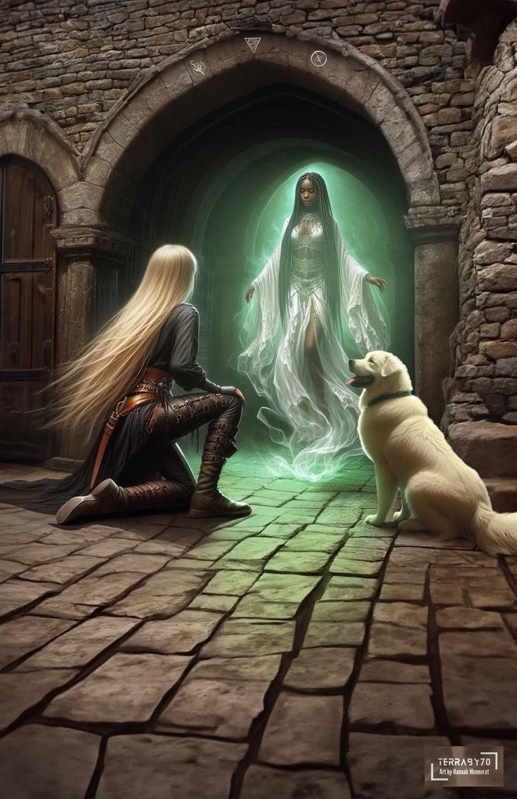 a woman sitting next to a dog in front of a doorway with a ghost on it