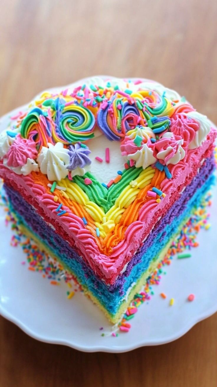 a slice of rainbow cake on a white plate