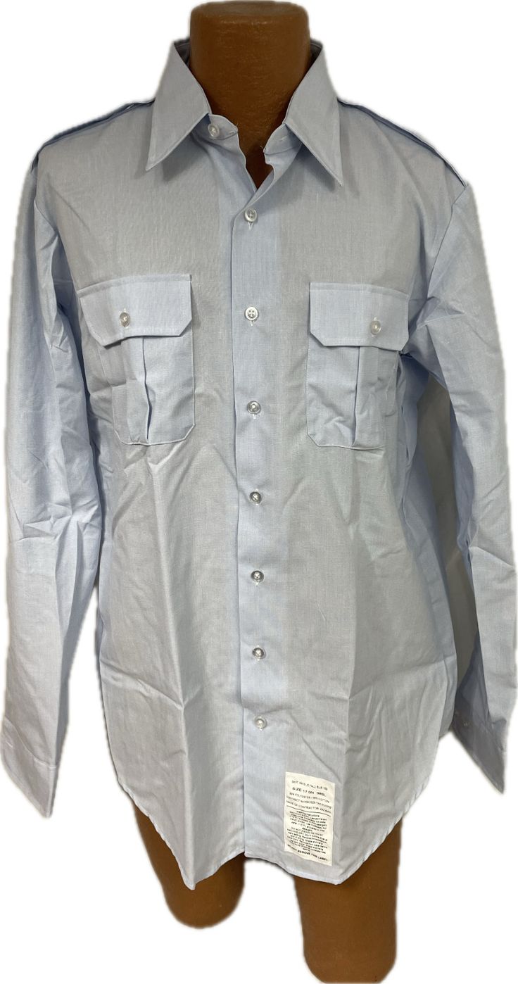 U.S. Air Force Issue Long Sleeve Dress Shirt Current Issue - USAF Shade 1550 Size: 17 x 38 (17 inch neck and 38 inch sleeve length) Condition: New Light Blue Long Sleeve Shirt For Daytime, Fitted Shirt With Pockets And Casual Collar, Fitted Shirt With Pockets And Collar, Long Sleeve Dress Shirt With Pockets For Work, Fitted Light Blue Long Sleeve Shirt, Light Blue Fitted Long Sleeve Shirt, Fitted Long Sleeve Shirt For Daywear, Business Blue Shirt With Pockets, Blue Business Shirt With Pockets