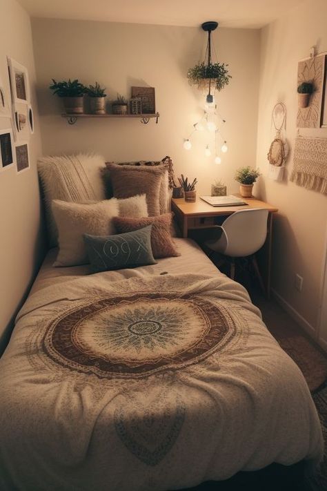 a small bedroom with a bed, desk and pictures on the wall above it at night