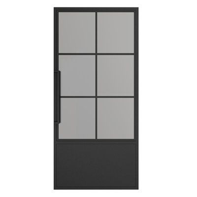 an open door with four panes of glass on the front and side panels in black