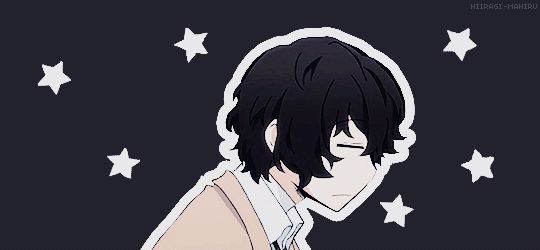 an anime character with black hair and white shirt, standing in front of stars on a dark background