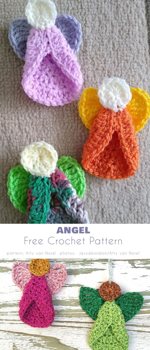 four crocheted angel wings are shown in different colors and sizes, with the words angel