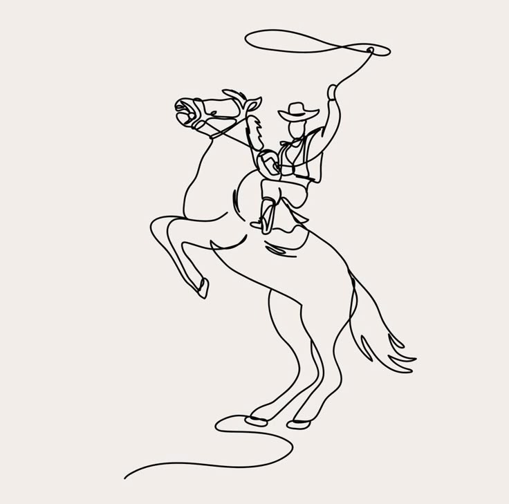 a black and white drawing of a man riding on the back of a horse with a lasso