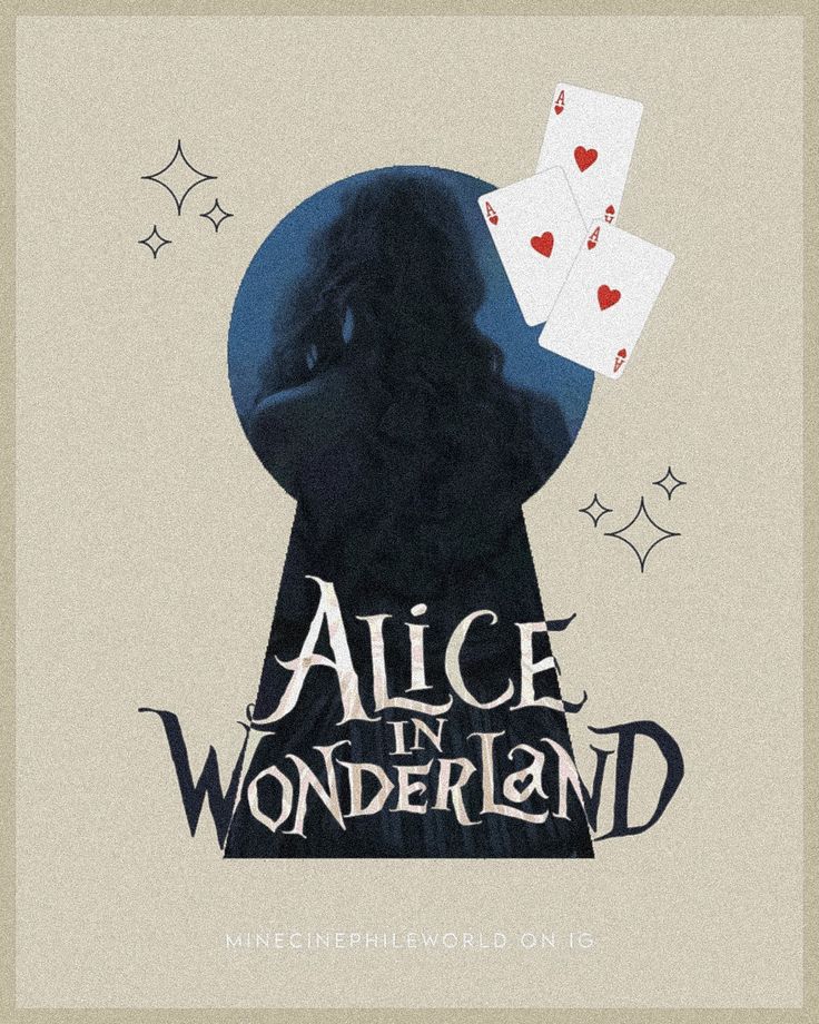 an image of alice in wonderland with cards coming out of the keyhole and stars around it