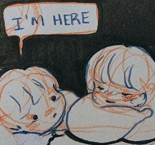 a drawing of two babies with an i'm here sign in the corner behind them