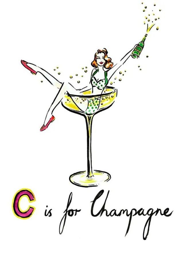 a drawing of a woman sitting in a martini glass with the word c is for champagne