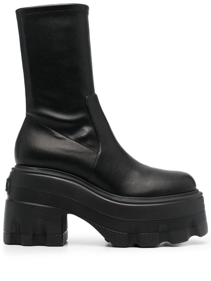 black leather pull-on style calf-length round toe platform sole high block heel Casadei Boots, Platform Boots Black, Black Platform Boots, Fashion Aesthetics, Boot Pumps, Leather Pulls, Black Leather Boots, Platform Boots, Black Stretch