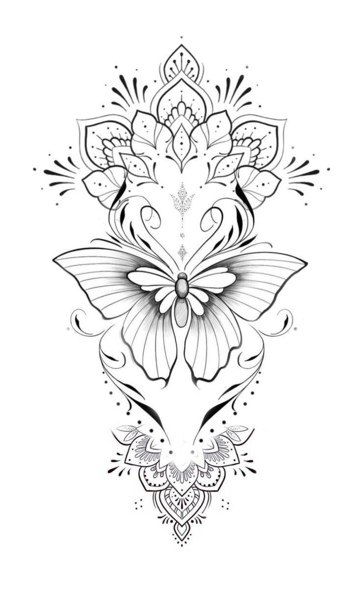 a black and white drawing of a butterfly with intricate designs on it's wings