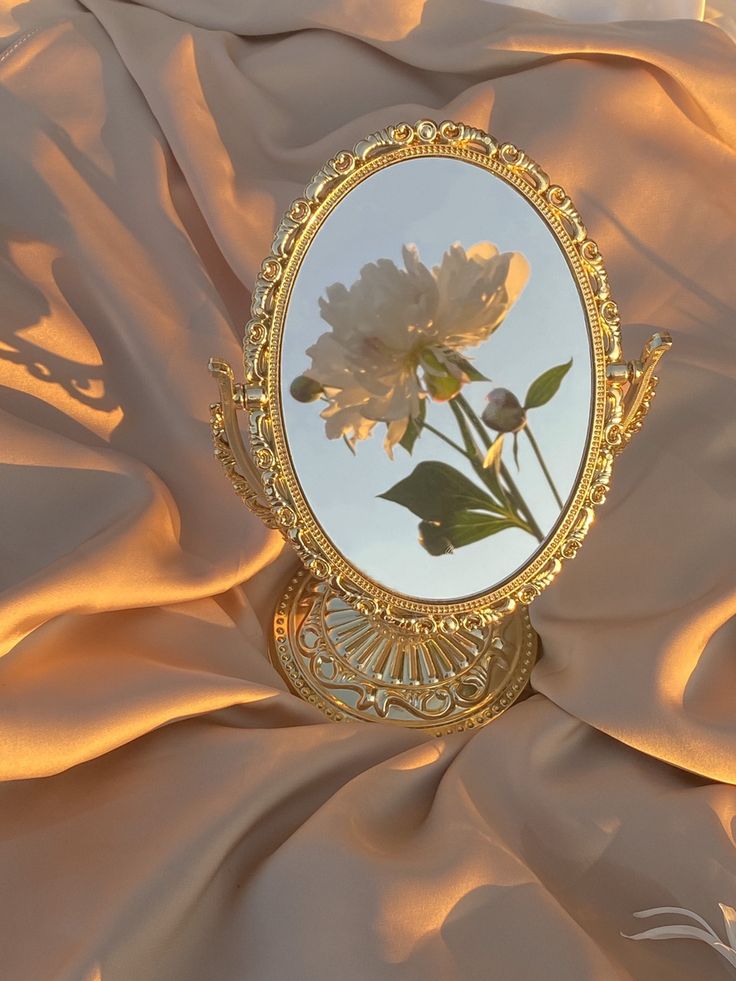 a white flower in a gold frame on a beige cloth with the reflection of it's own image