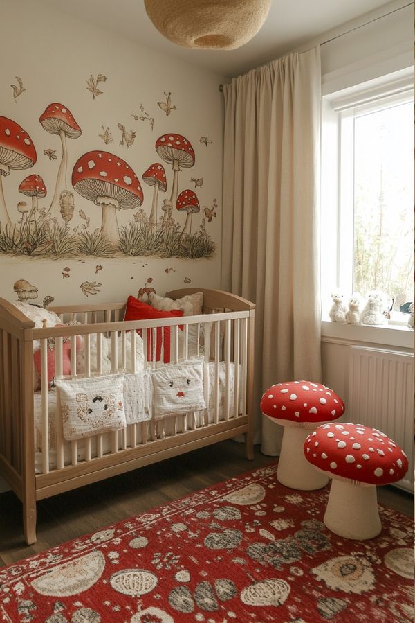 a baby's room with mushrooms painted on the wall and a red rug in front of it