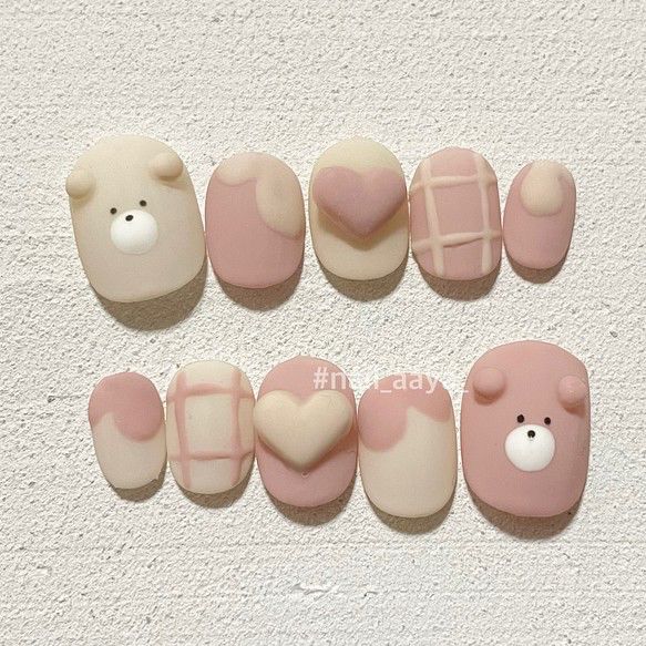 Cute Matte Nails Ideas, Cute Coquette Nails, Bear Nails Designs, Bear Nails, Paznokcie Hello Kitty, Real Nails, Japan Cute, Bears Nails, Fake Nails Designs