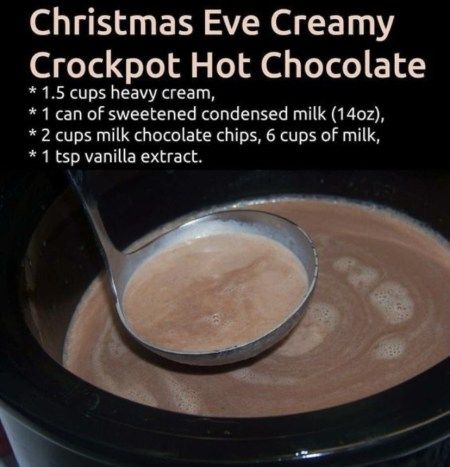 the facebook page for christmas eve creamy crockpot hot chocolate is displayed with a spoon in it