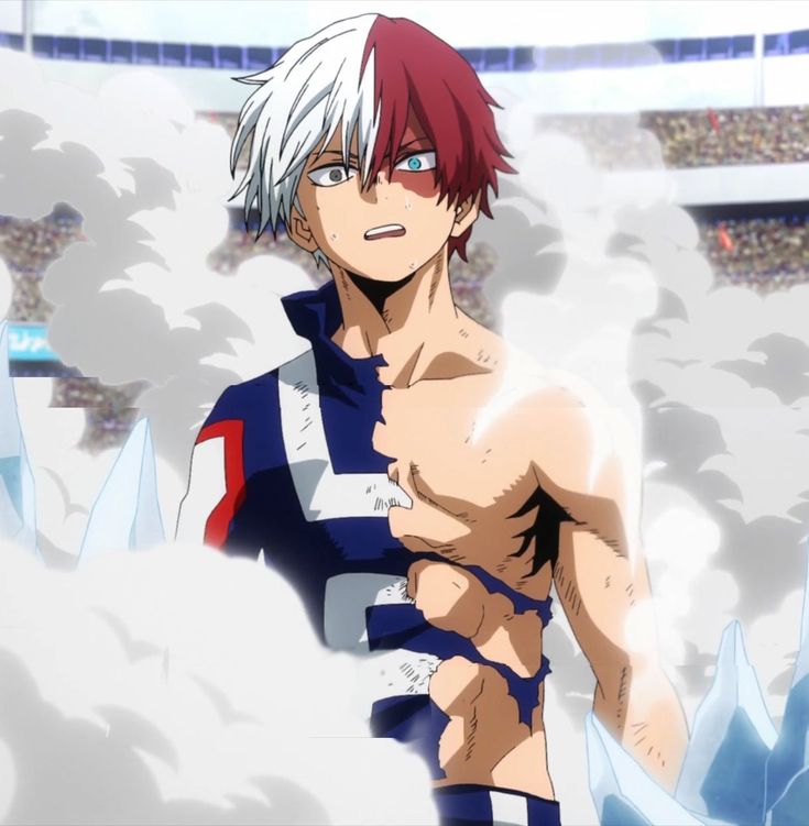 an anime character with red hair and blue eyes standing in the snow holding his hand on his chest