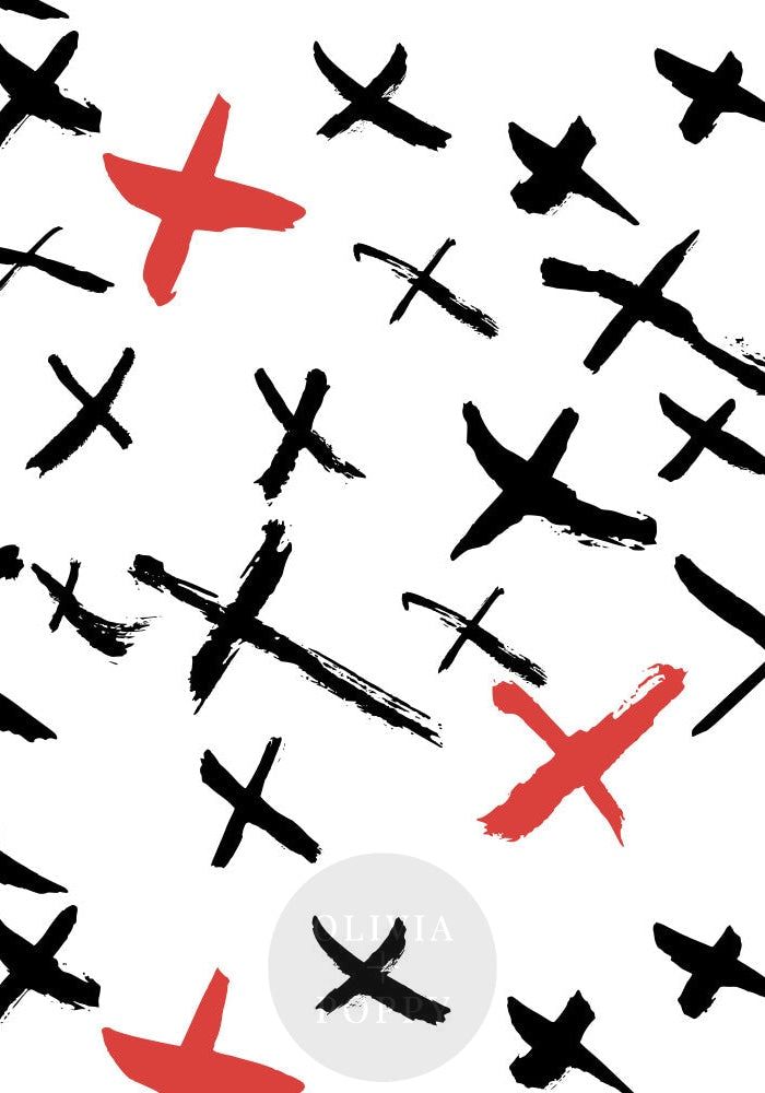 an image of many different crosses painted on white paper with red and black inks