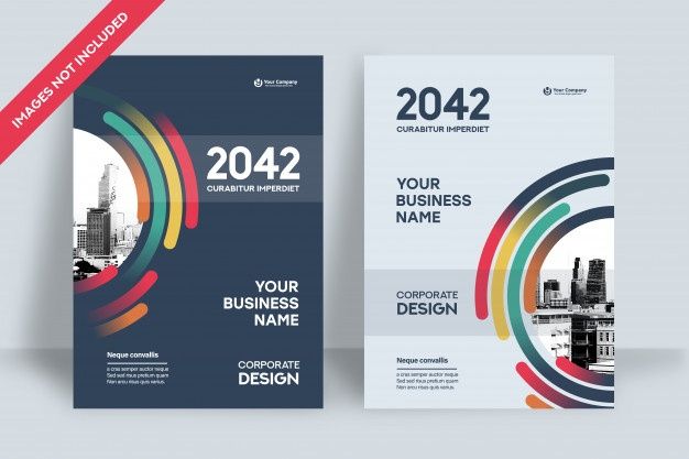 a business brochure with colorful circles on the front and back cover is shown