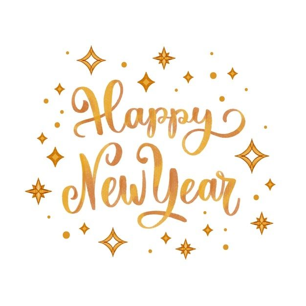 the words happy new year written in gold foil on a white background with golden stars