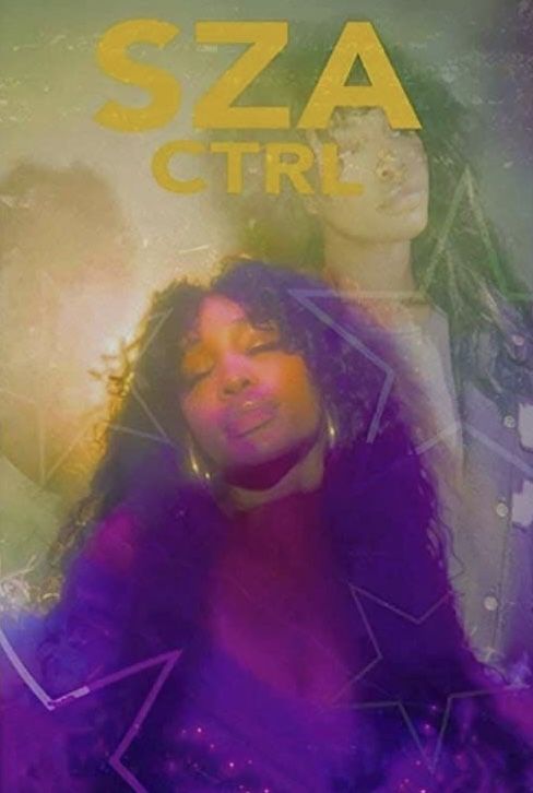 a woman with long hair standing in front of a purple and yellow poster that says sza cire