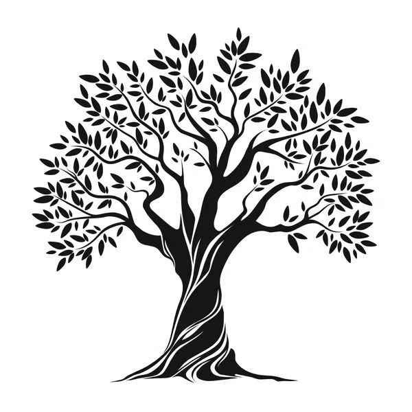 a black and white silhouette of a tree with leaves on it's branches, in the shape of a heart