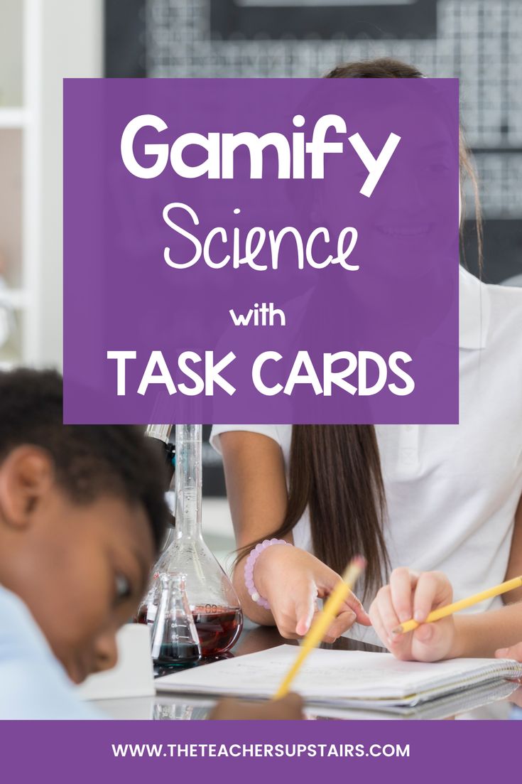 two children doing task with text that reads gamify science with task cards