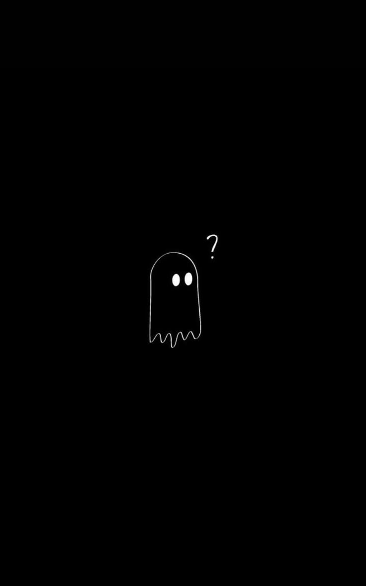 a black background with a white outline of a ghost in the middle and two eyes drawn on it