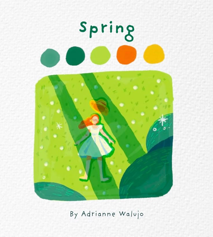 the book cover for spring with an illustration of a girl in green and orange dress