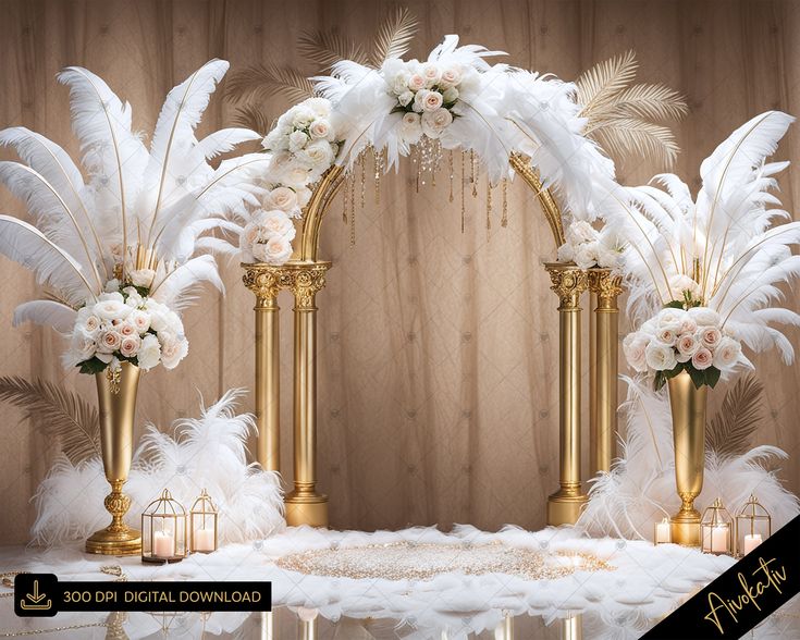 an arch decorated with white flowers and feathers for a wedding or special event, surrounded by candles