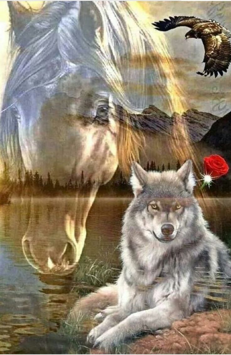 a wolf sitting next to a horse in the water with an eagle flying over it