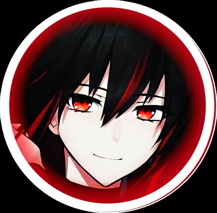 an anime character with red eyes and black hair in a circular frame, looking at the camera