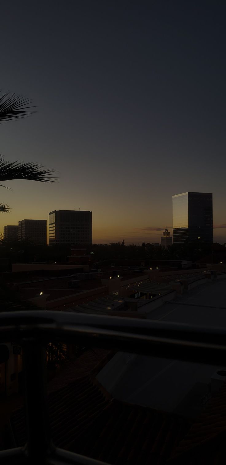 the sun is setting in front of some tall buildings and palm trees, as seen from a balcony