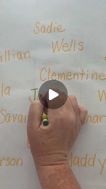 a person writing on a white board with yellow and green lettering in the background that says sadie wells's clementine ward