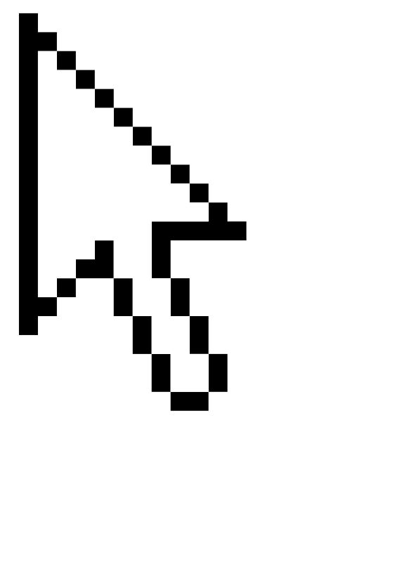 a pixelated black and white image of an arrow