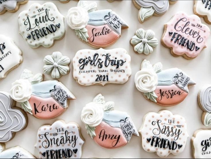 decorated cookies with names and designs on them