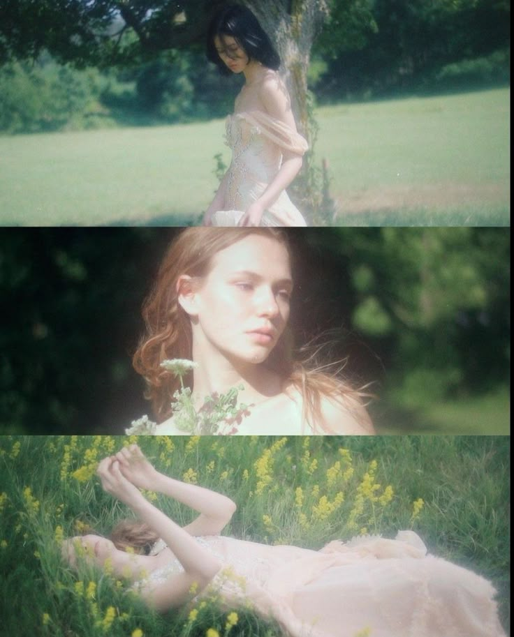 two pictures of a woman laying in the grass with her hands on her hips and one holding flowers