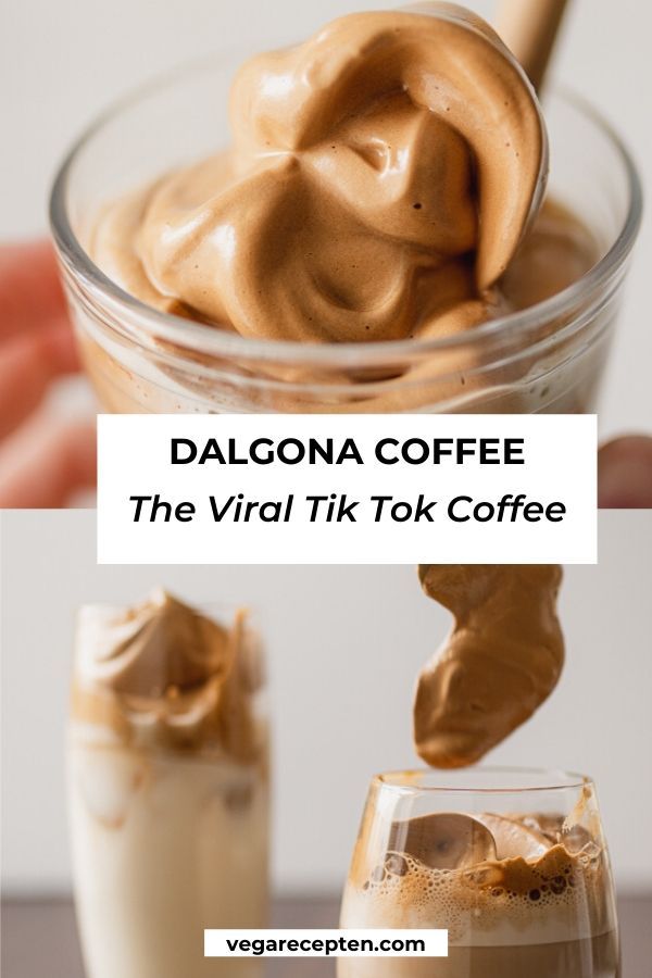 a glass filled with liquid next to a cup full of coffee and the words dalgona coffee