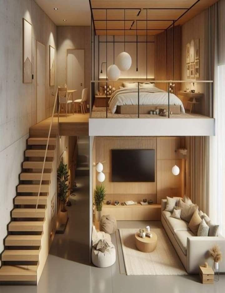 the interior of a modern apartment with stairs leading up to the bedroom and living room