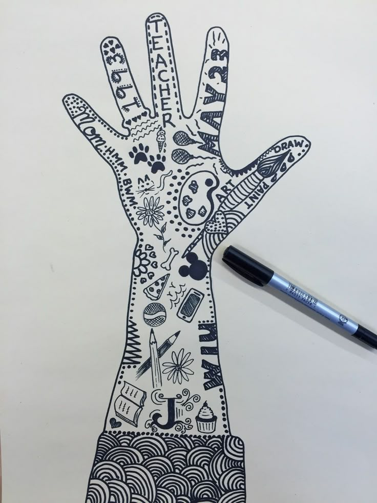 a drawing of a hand with many different symbols on it and a marker next to it