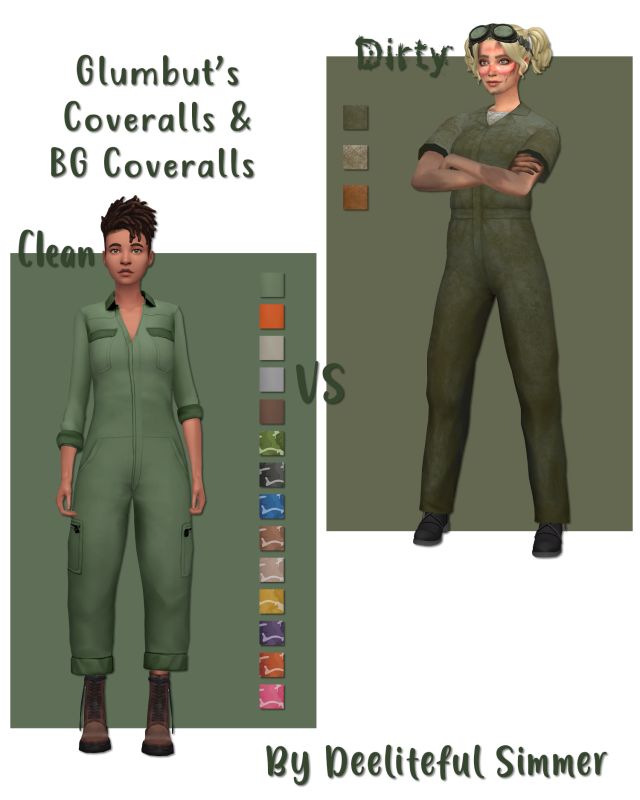 an image of two women in overalls and one is wearing green clothing with the words gumbut's covers & b6 coveralls