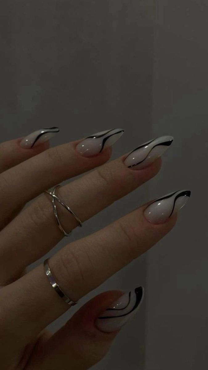 Black and white nails | dark feminine | power | reputation | self love | priority | Reputation Acrylic Nails, Dark Feminine Nails Almond, Eras Tour Nails Reputation, Dark Feminine Nails Design, Dark Feminine Aesthetic Nails, Reputation Nails Inspired, Monotone Nails, Reputation Taylor Swift Nails, Reputation Nails Taylor Swift