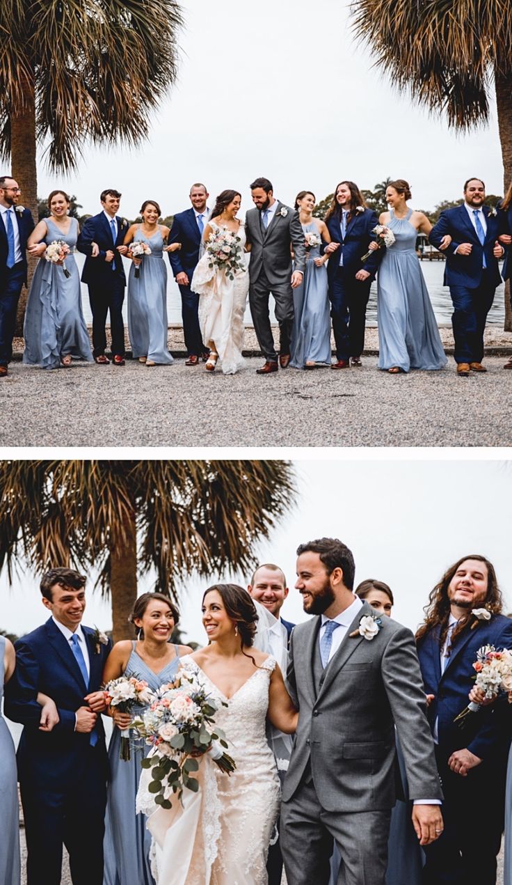 the bride and grooms are posing for pictures with their bridal party in front of palm trees