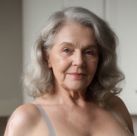 an older woman with grey hair wearing a bra