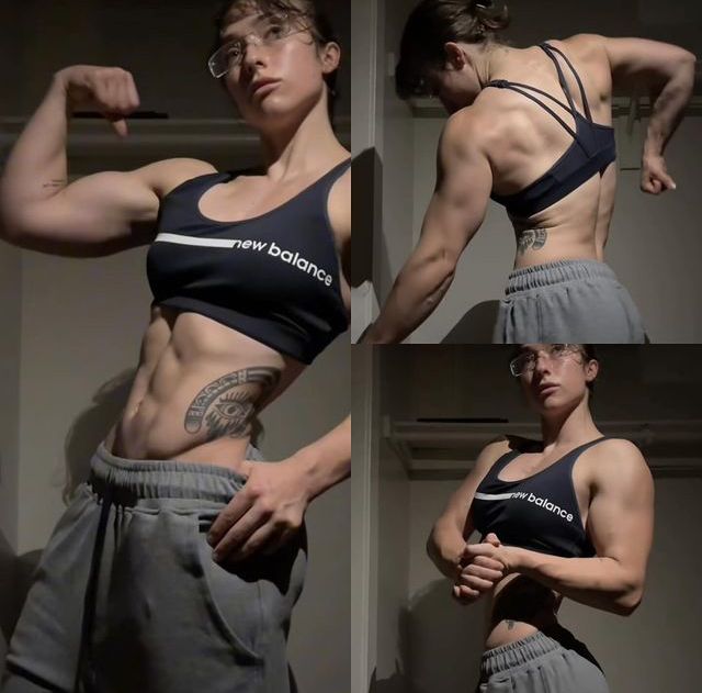 the woman is flexing her muscles in three different poses