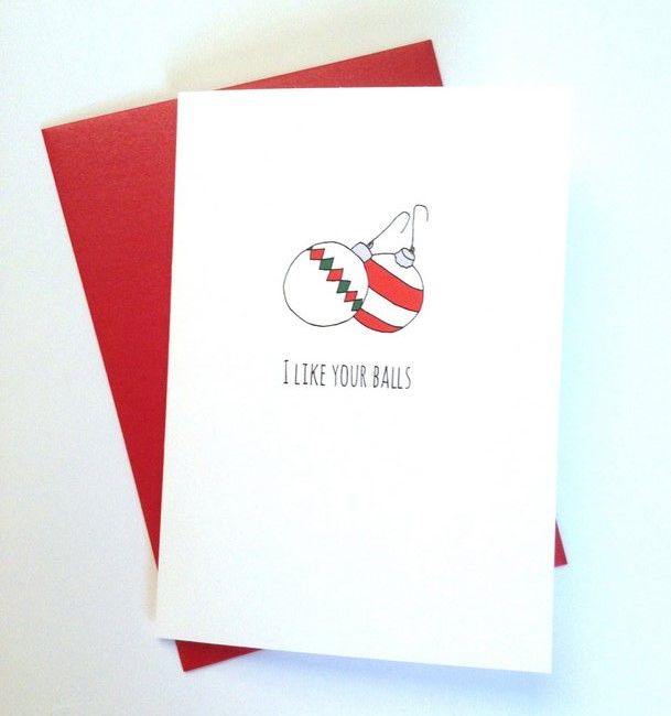 two red and white greeting cards with the words i like your balls on them,