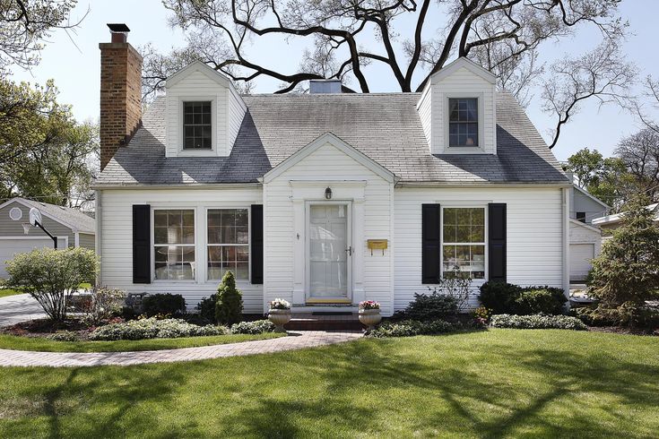 a white house with black shutters and windows