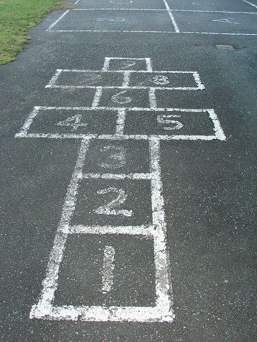 an empty parking lot with chalk drawings on the ground and numbers written in white paint