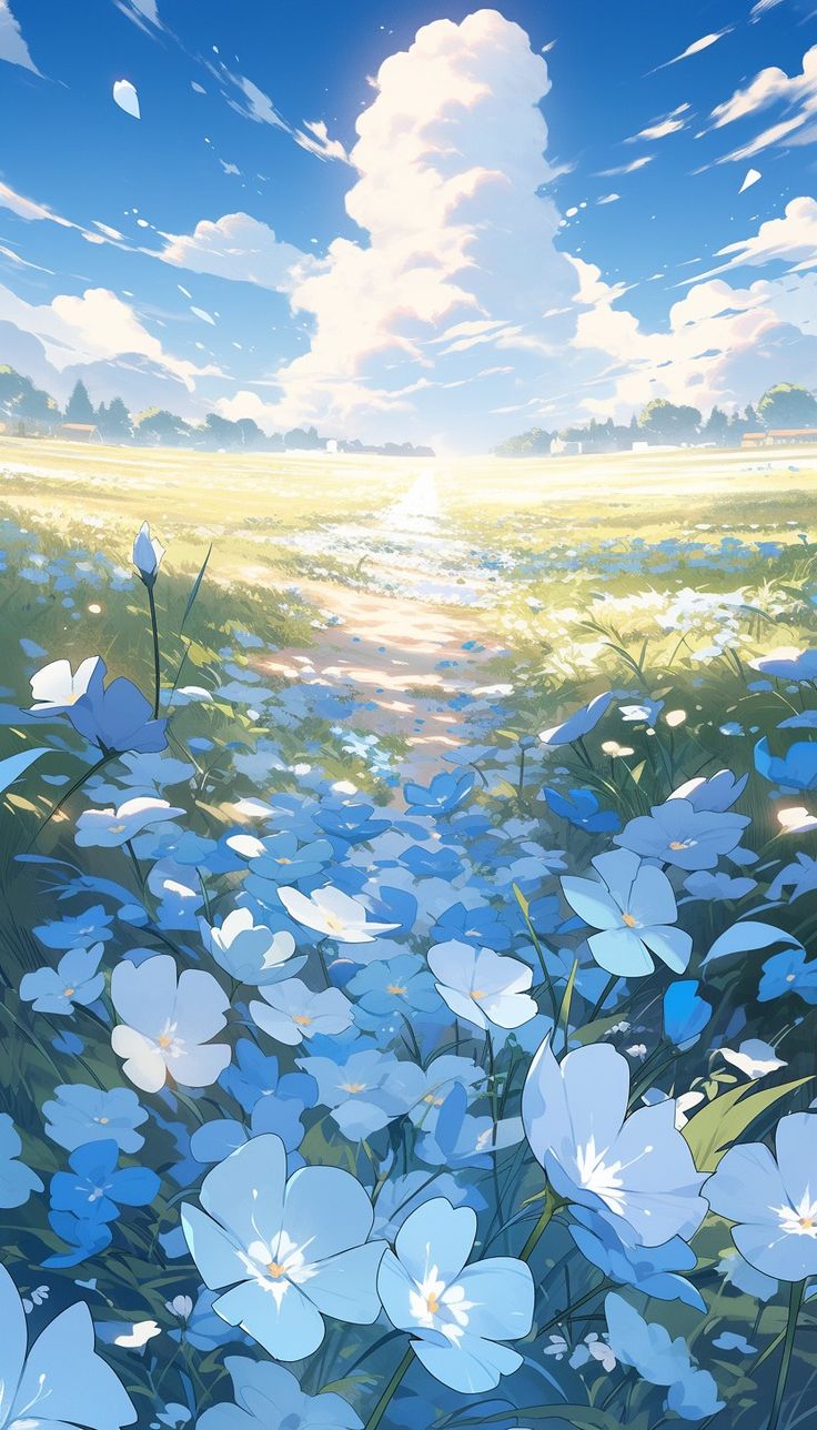 an anime scene with blue flowers in the foreground and clouds in the sky above